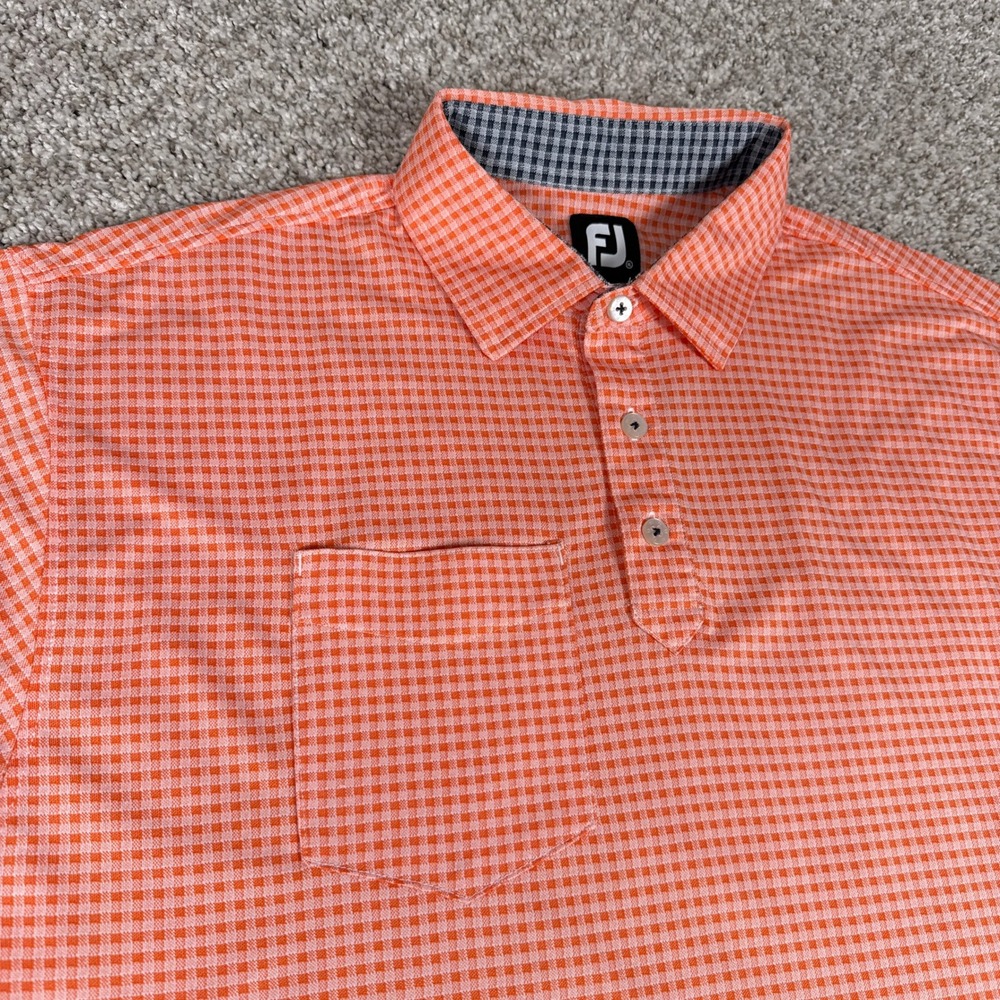 FootJoy‎ Polo Shirt Mens XL Orange Gingham Polyester Pocket Golfcore Preppy